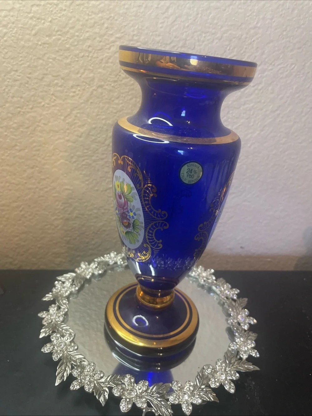 Gorgeous Bohemian Czech Republic Gilted Cobalt Blue Glass 8” Royal Vase